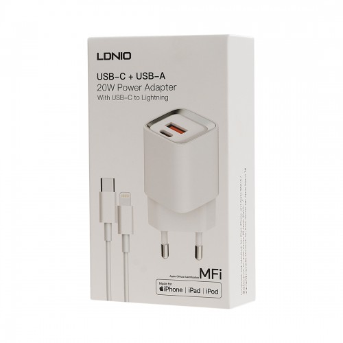 Универсальное зарядное устройство LDNIO A2318M MFI 20W USB-А, USB-C Белый