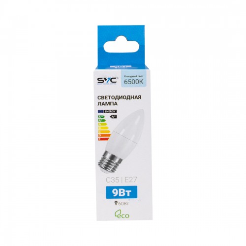Лампа светодиодная SVC LED C35-9W-E27-6500K Свеча Холодный