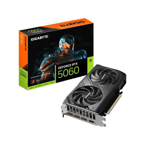Видеокарта, Gigabyte, RTX5060 WINDFORCE MAX OC V2 8G (GV-N5060WF2MAX OCV2-8GD) 4719331357382, GDDR7, 128bit, 1-HDMI, 3-DP, Windforce 2X Fan, 199*116*40 мм, Цветная коробка