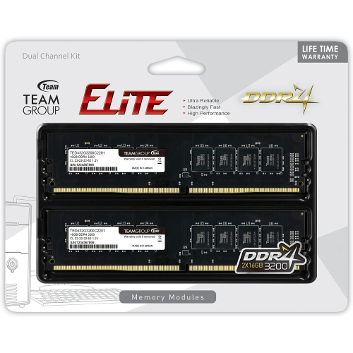 Оперативная память 32Gb Kit (2x16Gb) 3200MHz DDR4 Team Group ELITE PC4-25600 CL22 TED432G3200C22DC01