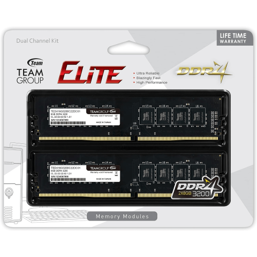 Оперативная память 16GB Kit (2x8GB) 3200MHz DDR4 Team Group ELITE PC4-25600 CL22 1.2V TED416G3200C22DC01