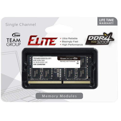 Оперативная память для ноутбука 8GB DDR4 3200Mhz Team Group ELITE PC4-25600 CL22 SO-DIMM TED48G3200C22-S01