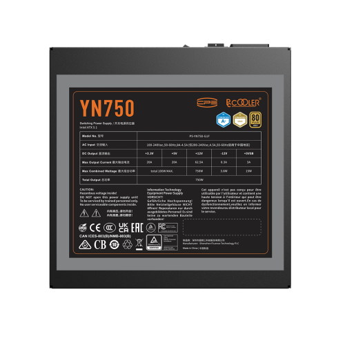 Блок питания PCCooler 750W, YN750, Full Modular, 80+ GOLD, Fan 135mm, КПД ≥90.5% Under Typical Load(50% Loading) Active PFC+Full Bridge SRCLLC+DC to DC, Черный, P5-YN750-G1F