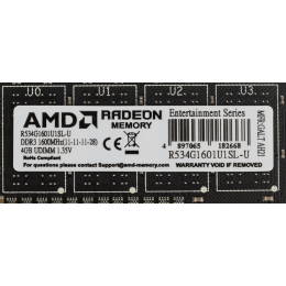 Оперативная память 4Gb DDR3 1600MHz AMD Radeon R5 Entertainment Series, CL11, PC3-12800, 11-11-11-28, 1.35V, R534G1601U1SL-U