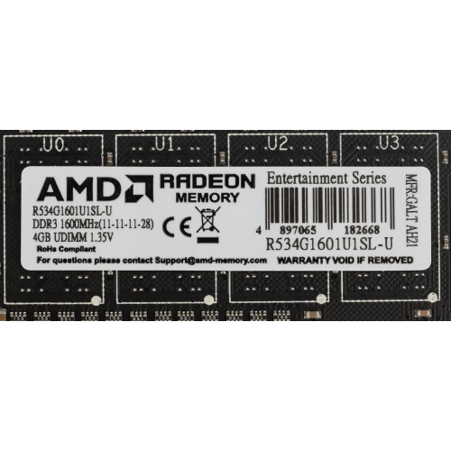 Оперативная память 4Gb DDR3 1600MHz AMD Radeon R5 Entertainment Series, CL11, PC3-12800, 11-11-11-28, 1.35V, R534G1601U1SL-U