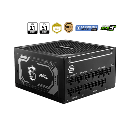 Блок питания MSI 1250W, MAG A1250GL PCIE5, Full Modular, ATX, 80+ GOLD, КПД >90%, Fan 135mm, Черный