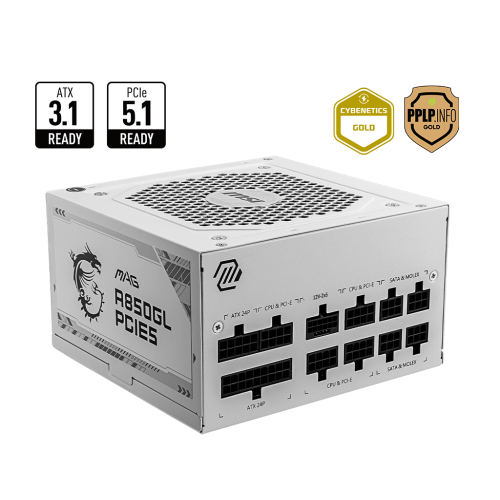 Блок питания MSI 850W, MAG A850GL PCIE5 WHITE, Full Modular, ATX, 80+ GOLD, КПД >90%, Fan 20mm, Поддержка видеокарт Nvidia® GeForce RTXTM серии 40, Белый, MAG A850GL PCIE5 WHITE