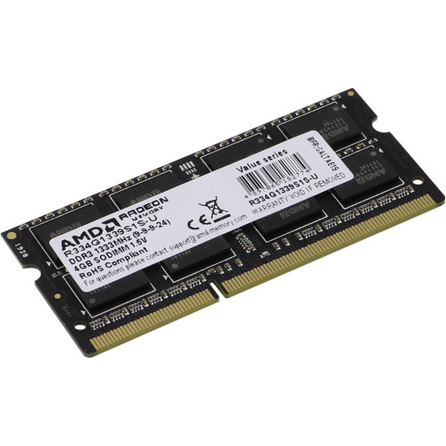 Оперативная память для ноутбука 4Gb DDR3 1333MHz AMD Radeon R3 Value Series, CL9, PC3-10600, 9-9-9-24, 1.5V, R334G1339S1S-U Retail Pack