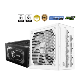 Блок питания MSI 1000W, MAG A1000GL PCIE5 WHITE, Full Modular, ATX, 80+ GOLD, 90%, Fan 135mm, Белый