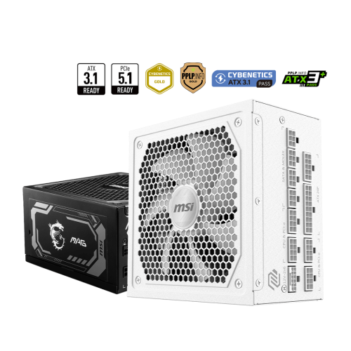 Блок питания MSI 1000W, MAG A1000GL PCIE5 WHITE, Full Modular, ATX, 80+ GOLD, 90%, Fan 135mm, Белый