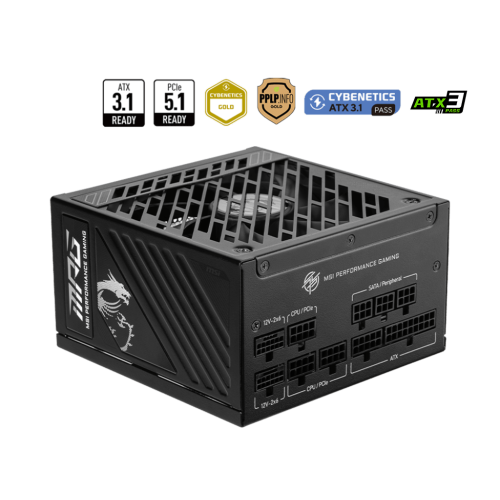 Блок питания MSI 1250W, MPG A1250GS PCIE5, Full Modular, ATX, 80+ GOLD, КПД >90%, Fan 135mm, Черный