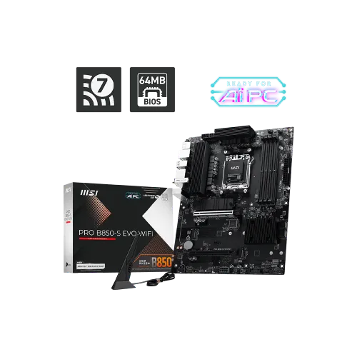 Материнская плата MSI PRO B850-S EVO WIFI AM5 B850 4xDDR5 4xSATA6G RAID 3xM.2 1xDP 1xHDMI 4xUSB2.0 4xUSBType-A 1xUSBType-C Wi-Fi/Bluetooth 5G LAN ATX