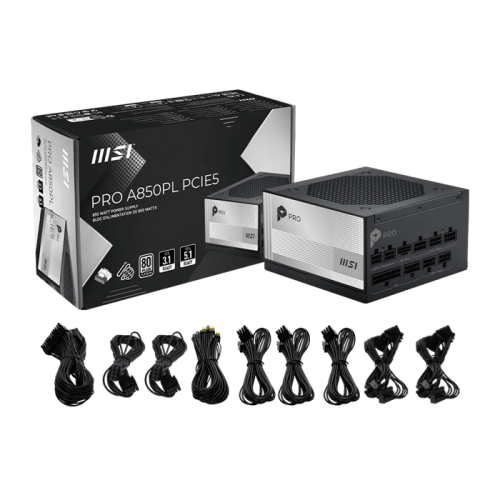 Блок питания MSI 850W, PRO A850PL PCIE5, Full Modular, ATX, 80+ PLATINUM, КПД >92%, Fan 120mm, Черный