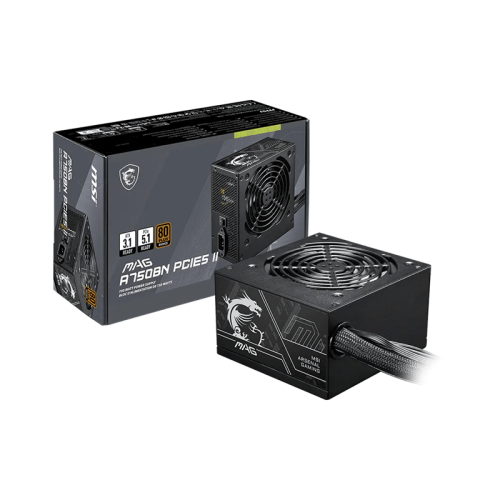 Блок питания MSI 750W, MAG A750BN PCIE5 II, Non Modular, ATX, 80+ BRONZE, КПД >85%, Fan 120mm, Черный