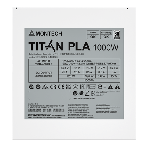 Блок питания Montech 1000W, TITAN PLA 1000W, Full Modular, ATX, 80+ PLATINUM, КПД 90%, Fan 135mm, Белый