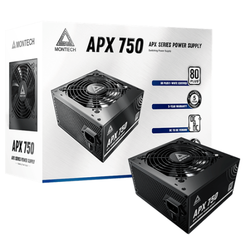 Блок питания Montech 750W, APX 750W, Non Modular, ATX, 80+ WHITE, КПД 90%, Fan 120mm, Черный