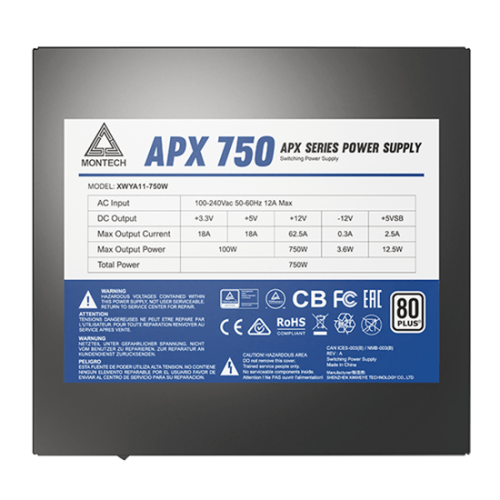 Блок питания Montech 750W, APX 750W, Non Modular, ATX, 80+ WHITE, КПД 90%, Fan 120mm, Черный