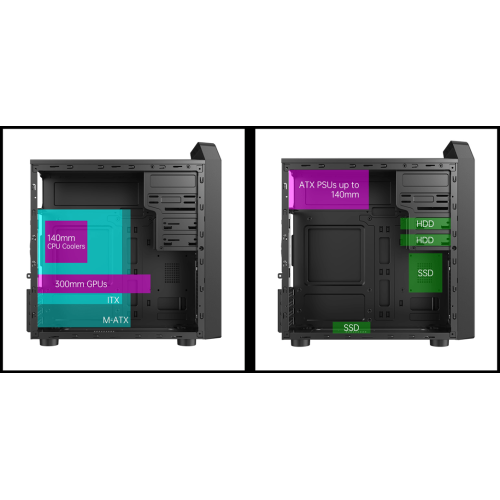 Корпус AOC CB104B M-ATX/ITX 2xUSB2.0 1xUSB3.0 1xAudio 1xMic 2x2.5" 2x3.5" 5.25" Optical Drive Bay, Kensington, Padlock - петля для навесного замка, Черный AOC-CB104-BEV1B-G