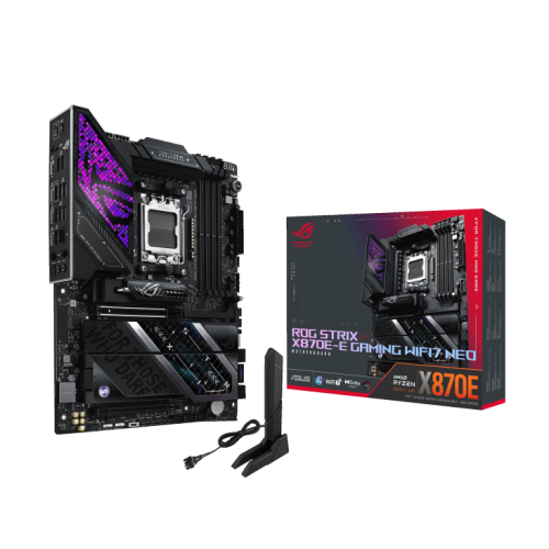 Материнская плата ASUS ROG STRIX X870E-E GAMING WIFI7 NEO AM5 X870E 4xDDR5 4xSATA RAID 5xM.2 1xPCIe5.0x16 1xHDMI 2xUSB4 11xUSB10Gbps (9xType-A+2xUSB Type-C) Wi-Fi7 1xRealtek5GbEthernet 2xAudioOut ATX, Черная