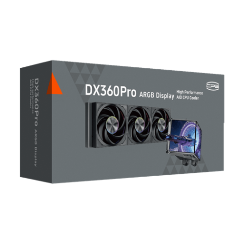 Водяное охлаждение для CPU PCCooler DX360Pro ARGB Display BK TDP 320W 115X/1200/1700/1851/AM4/AM5, Pump: 2600RPM±10%, 15dB(A), Fan: 500~3000 RPM±10%, 83CFM, 15~33.1 dB(A), IPS, 4 in×2, 480×480, Черный
