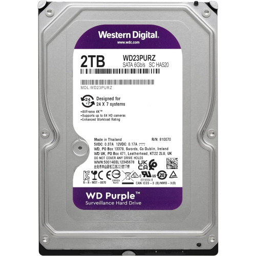 Жесткий диск для видеонаблюдения HDD 2Tb Western Digital Purple Surveillance WD23PURZ SATA 6Gb/s, 64Mb, 3,5", 5400rpm. Создан для систем видеонаблюдения и обспечивает превосходную надежность работы в системах безопасности. Уникальные разработки уменьшают