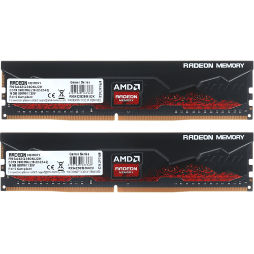 Оперативная память с радиатором 32GB Kit (2x16GB) DDR4 3600MHz AMD Radeon R9 Gamer Series CL18, PC4-28800, 18-22-22-42, 1.35V Black, R9S432G3606U2K