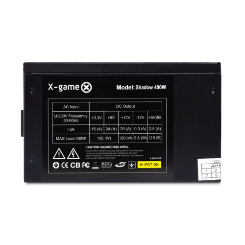 Блок питания, XG, Shadow 400W, 400W, ATX, 20+4pin, 4pin, 3*Sata, 2*Molex, 1*PCI-E 6pin, Вентилятор 12 см, Кабель питания