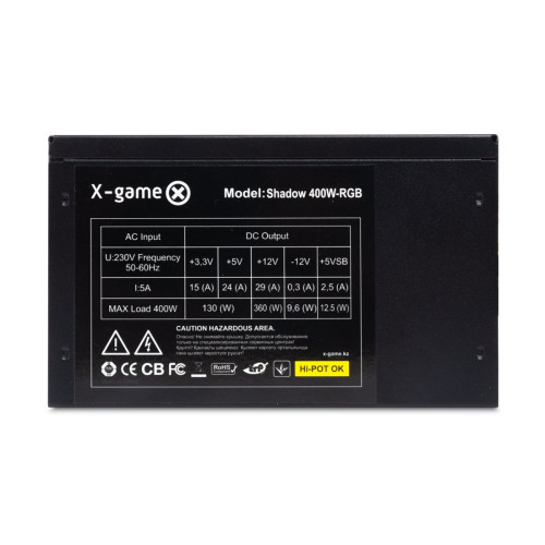 Блок питания, XG, Shadow 400W-RGB, 400W, ATX, 20+4pin, 4pin, 3*Sata, 2*Molex, 1*PCI-E 6pin, Вентилятор 12 см, RGB подсветка, Кабель питания