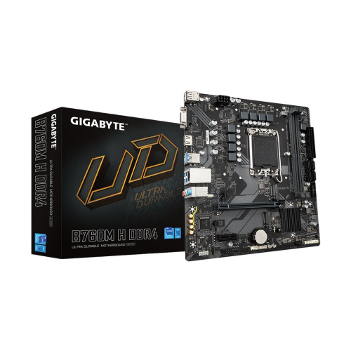 Материнская плата, Gigabyte, B760M H DDR4 (4719331854645), LGA1700, iB760, 2xDDR4 2666/2933/3000/3200, 4xSATA3, 2xM.2 (PCI-E 4.0x4/x2), Raid, 1xD-Sub, 1xHDMI, 1xPCI-Ex16, 1xPCI-Ex1, mATX