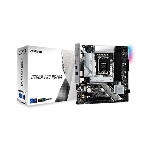 Материнская плата, ASRock, B760M PRO RS/D4 (4710483941702), LGA1700, iB760, 4xDDR4 3200/5333+(OC), 4xSATA3, 2xM.2 (PCI-E 4.0x4), Raid, 1xDP, 1xHDMI, 2xPCI-Ex16, 1xPCI-Ex1, mATX