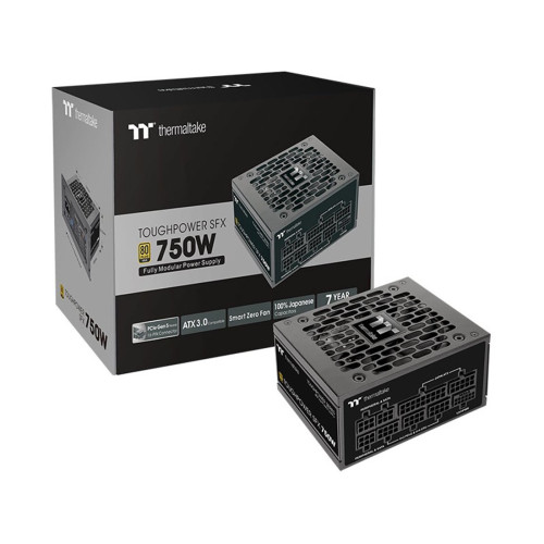 Блок питания, Thermaltake, Toughpower SFX 750W, PS-STP-0750FNFAGE-1, 750W, SFX, Gold, APFC, 20+4 pin, 2*4+4pin, 8*Sata, 4*Molex, 4*PCI-E 6+2 pin, 1*(16pin) 12VHPWR, FDD, Modular, Вентилятор 9.2 см, 100х125х63,5мм, Чёрный