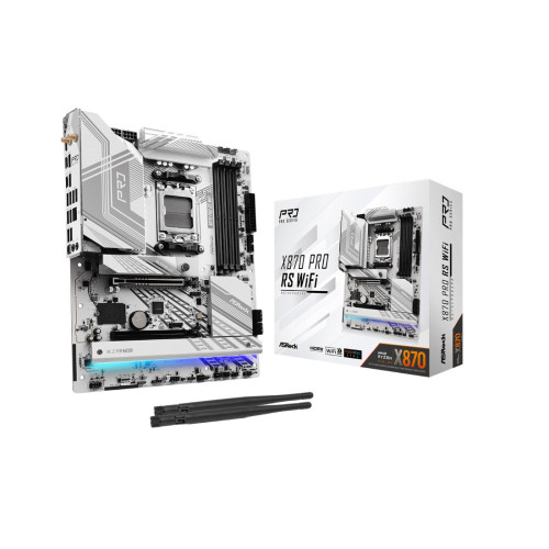 Материнская плата, ASRock, X870 PRO RS WIFI (4710483949333), AM5, X870, 4xDDR5 8000+(OC), 2xSATA3, 3xM.2 (2*PCIe Gen4x4, 1*PCIe Gen3x4 & SATA3), 1xHDMI, 2xUSB4 Type-C®, 2xPCI-Ex16, WiFi, ATX
