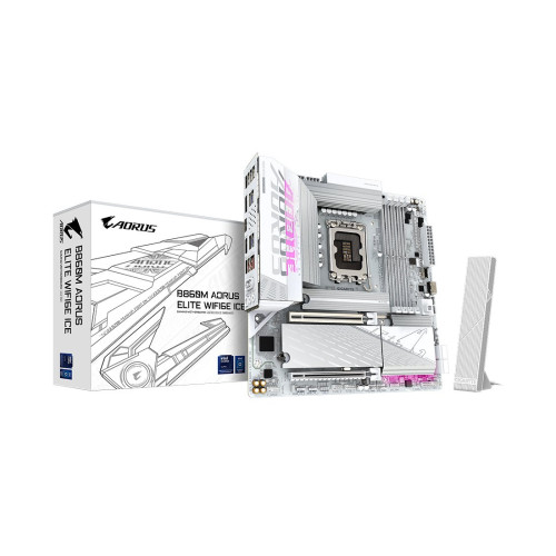 Материнская плата, Gigabyte, B860M AORUS ELITE WIFI6E ICE (4719331867164), LGA1851, iB860, 4xDDR5 5600/6400/9200(OC), 4xSATA3, Raid, 3xM.2 (PCI-E 4.0x4/x2), 1хDP, 1xHDMI, 1xUSB4® USB Type-C® port, 2xPCI-Ex16, WiFi, mATX