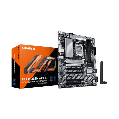 Материнская плата, Gigabyte, B860 DS3H WIFI6E (4719331867515), LGA1851, iB860, 4xDDR5 5600/6400/9066(OC), 4xSATA3, Raid, 2xM.2 (PCI-E 4.0x4/x2), 1хDP, 1xHDMI, 5xPCI-Ex16, WiFi, ATX