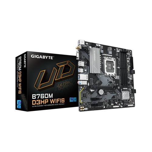 Материнская плата, Gigabyte, B760M D3HP WIFI6 (4719331867638), LGA1700, iB760, 4xDDR5 4000/4800/5200/5600, 4xSATA3, 2xM.2 (PCI-E 4.0x4/x2), Raid, 1xD-Sub, 1хDP, 1xHDMI, 1xPCI-Ex16, 2xPCI-Ex1, WiFi, mATX