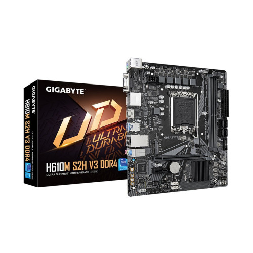 Материнская плата, Gigabyte, H610M S2H V3 DDR4 (4719331859732), LGA1700, iH610, 2xDDR4 3200/3000/2933/2400 MHz, 4xSATA3, 1xM.2 (PCI-E 3.0x4/x2), 1xD-Sub, 1xHDMI, 2xDP, 1xPCI-Ex16, 1xPCI-Ex1, mATX