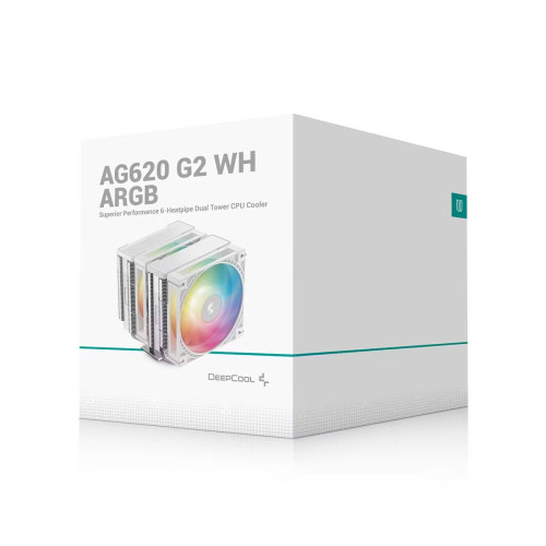 Кулер для процессора, Deepcool, AG620 G2 WH ARGB R-AG620-WHAMMG2-G, Intel 1851/1700 и AMD AM5/AM4, 270W, 2*120мм, 500-2200±10%/об/м, 62.16 CFM / 68.85 CFM, 28.10 dB(A) / 30.93 dB(A), 4pin PWM, 129х136х159мм, Белый