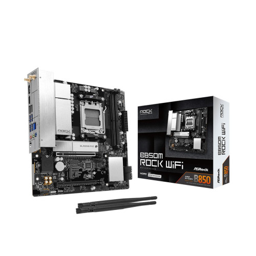 Материнская плата, ASRock, B850M Rock WiFi (4711581494169), AM5, B850, 2xDDR5 8200+(OC), 4xSATA3, 2xM.2 (1*PCIe Gen5x4, 1*PCIe Gen4x4), RAID, 1xDP, 1xHDMI, 2xPCI-Ex16, WiFi, mATX