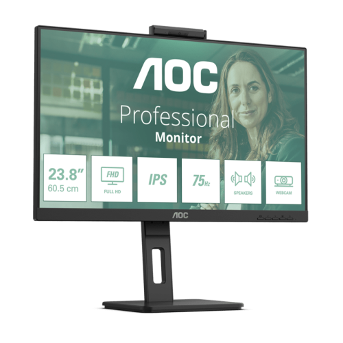 Монитор серии Pro-Line со встроенной WEB- Камерой 23,8" AOC 24P3QW IPS 1920x1080 75Hz 4ms 300cd/m 1000:1 2xHDMI 1xDP 1xUSB-B, 4xUSB 3.2, Встроенные колонки 2x5W. Регулировка по высоте до 150мм. Режим Портрета - ПОВОРОТ. 2MP Win Hello Webcam.