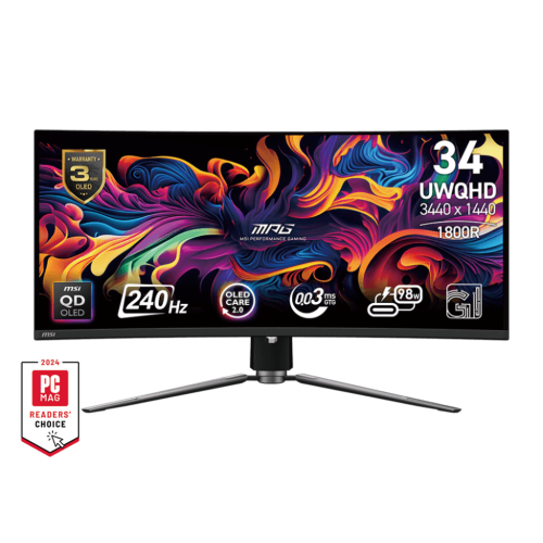 Премиальный Изогнутый OLED Монитор 34" MSI MPG 341CQPX QD-OLED, 3440x1440 UWQHD 4K, 240Hz, Curved 1800R, 0.03ms, 1500000:1, Угол Обзора 178/178, 21:9, VESA 100x100, 2xHDMI, 1xDP, 1xType-c, 2xUSB 2.0 Type-A, 1x USB 2.0 Type-B, 1xHeadphone-out, Регулировка