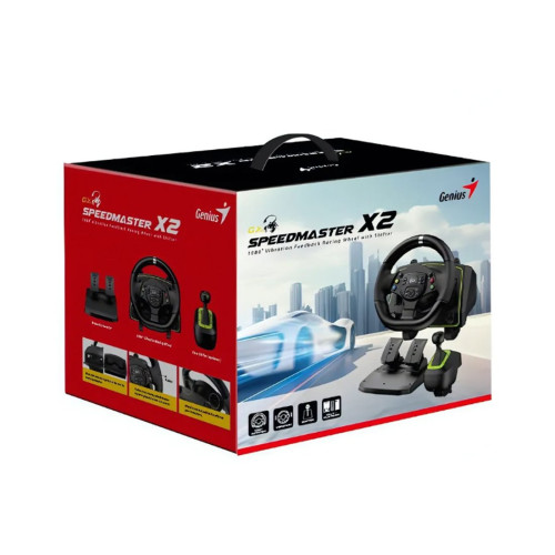 Игровой руль, Genius, Speed Master X2, USB, Степень вращения руля 270/900/1080 градусов, Виброотдача, Переключатель скорости, Поддержка игр для ПК с Windows, PS3 / 4 /5,Xbox Series X/Xbox One/Xbox 360, Черный