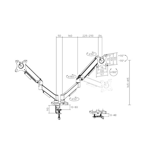 Настольный кронштейн с газлифтом,XG, MGA-1732D, для мониторов 17"-32", Нагрузка 2х9 кг., Наклон + 90°~- 90°, Поворот +/- 90°, Вращение монитора +/- 180°, VESA 75x75,100x100,Чёрный