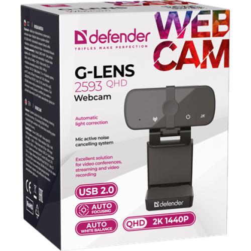 Веб-камера Defender G-Lens 2593 QHD, 4 Мп, 2560 x 1440, 30 к/с, встроенный микрофон, USB 2.0, кабель 1.5 м, черная