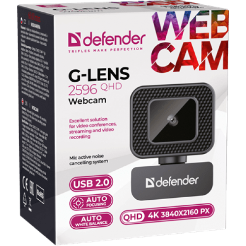 Веб-камера Defender G-Lens 2596 QHD,12 Мп, 3840 x 2160, 30 к/с, втроенный микрофон, USB 2.0, кабель 1.5 м, черная