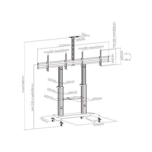 Стойка мобильная, Brateck, TTD07-46TW, 37"-60", Макс. нагрузка – 50 кг x2, Высота 1235~1685 мм, Угол поворота 0°/0°, Диапазон наклона -10°/5°, Серый с черным