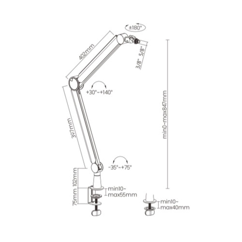 Пантограф (стойка) для микрофона, Brateck, MDS13-1, нагрузка до 1 кг, 3/8", 5/8", черный