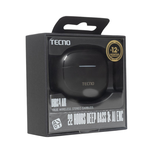 Беспроводные наушники, TECNO, Buds 4 Air, BD04 Air, 20 Гц - 20000 Гц, вес 29 г, 35 мАч (один наушник), 320 мАч (кейс), Bluetooth 5.4, Type-C, (Black) Черный