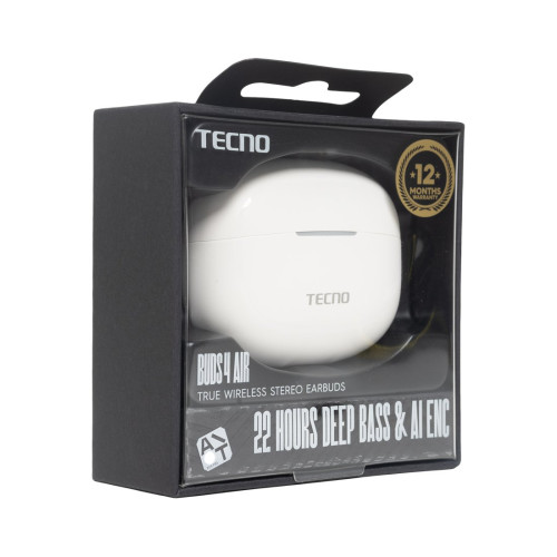Беспроводные наушники, TECNO, Buds 4 Air, BD04 Air, 20 Гц - 20000 Гц, вес 29 г, 35 мАч (один наушник), 320 мАч (кейс), Bluetooth 5.4, Type-C, (White) Белый