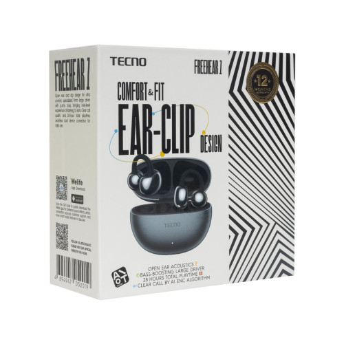 Беспроводные наушники, TECNO, FreeHear 1, OW01, 20 Гц - 20000 Гц, вес 39,9 г, 46 мАч (один наушник), 460 мАч (кейс), Bluetooth 5.4, Type-C, (Grey) Серый