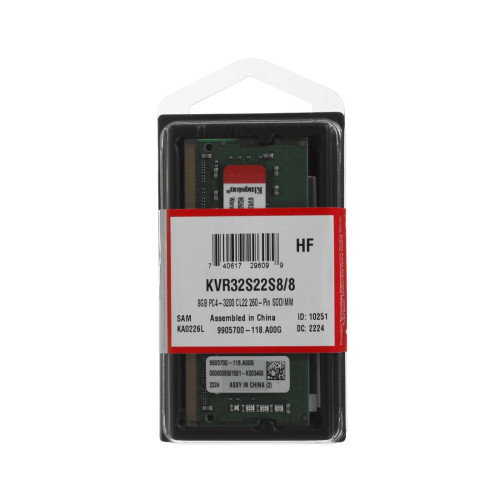 Модуль памяти для ноутбука, Kingston, KVR32S22S8/8WP, DDR4, 8GB, SO-DIMM <PC4-25600/3200MHz>